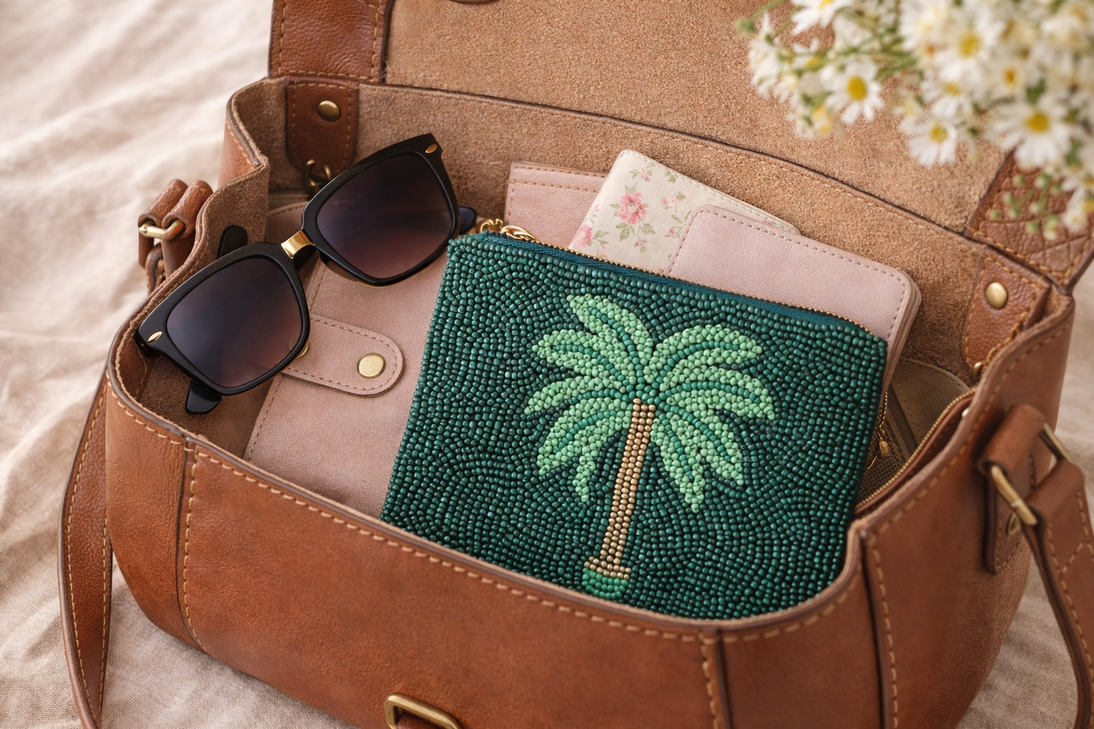 Hand embroidered coin pouch green palm tree inside handbag
