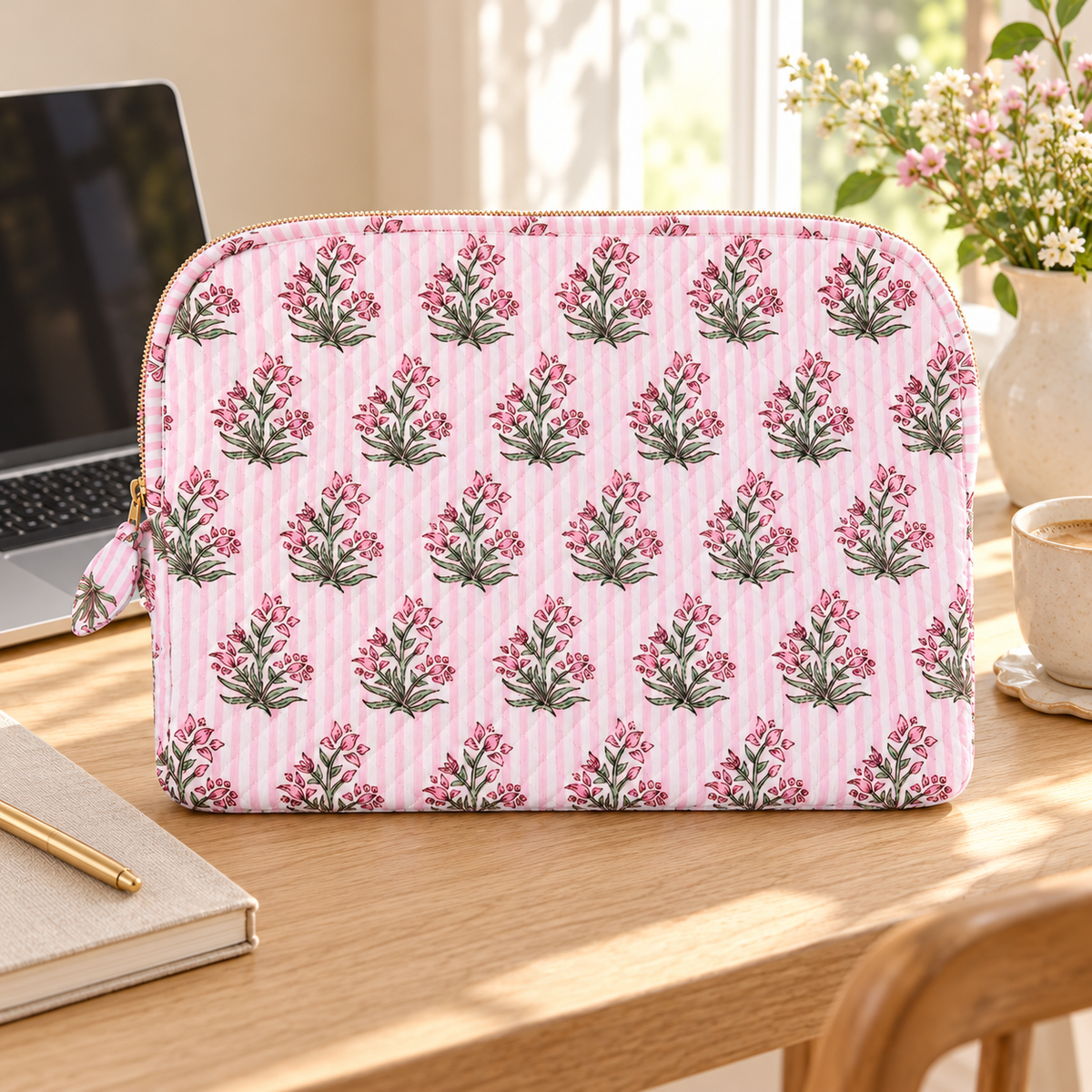 Peony pink striped floral laptop sleeve styled on a sunlit pale wood desk