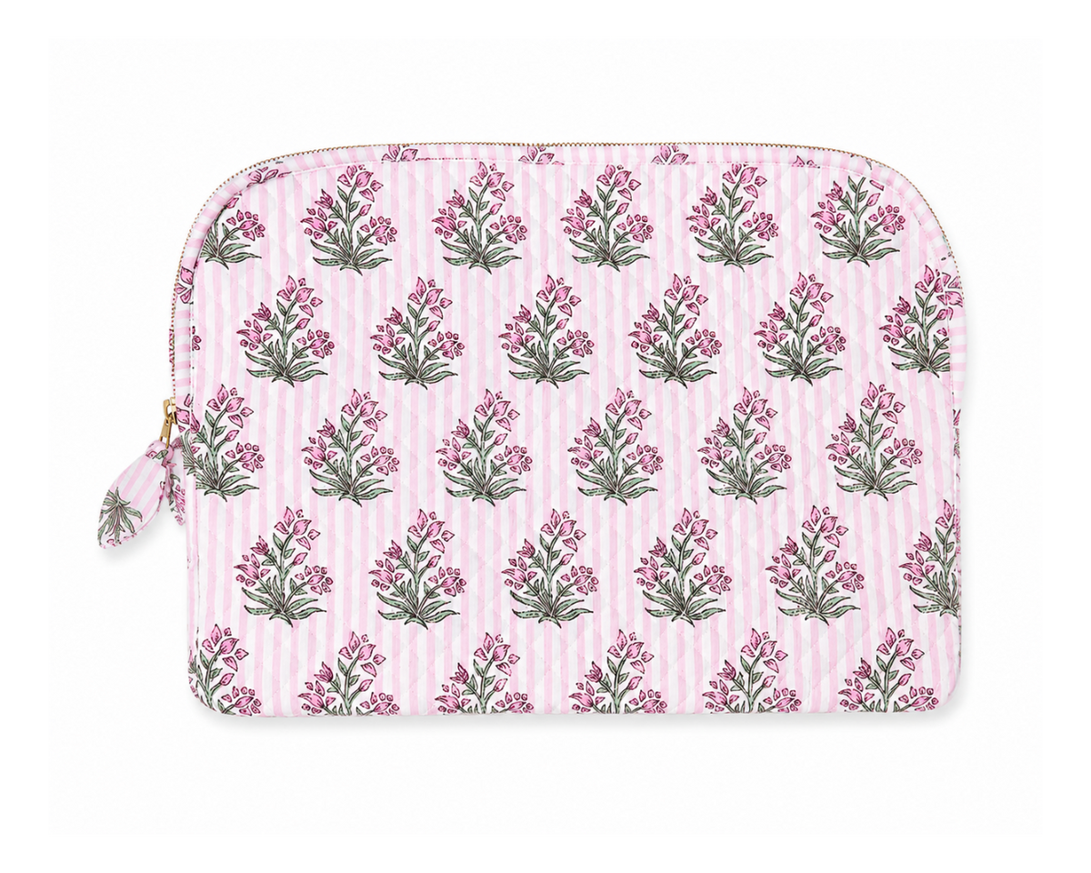 Peony quilted laptop sleeve with pink stripes, floral sprigs and gold zipper on white