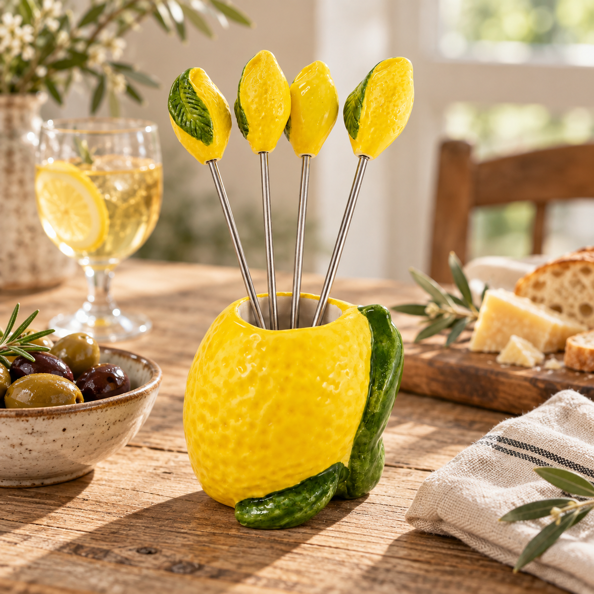 Lemon ceramic cocktail picker holder set styled on a relaxed farmhouse aperitivo table