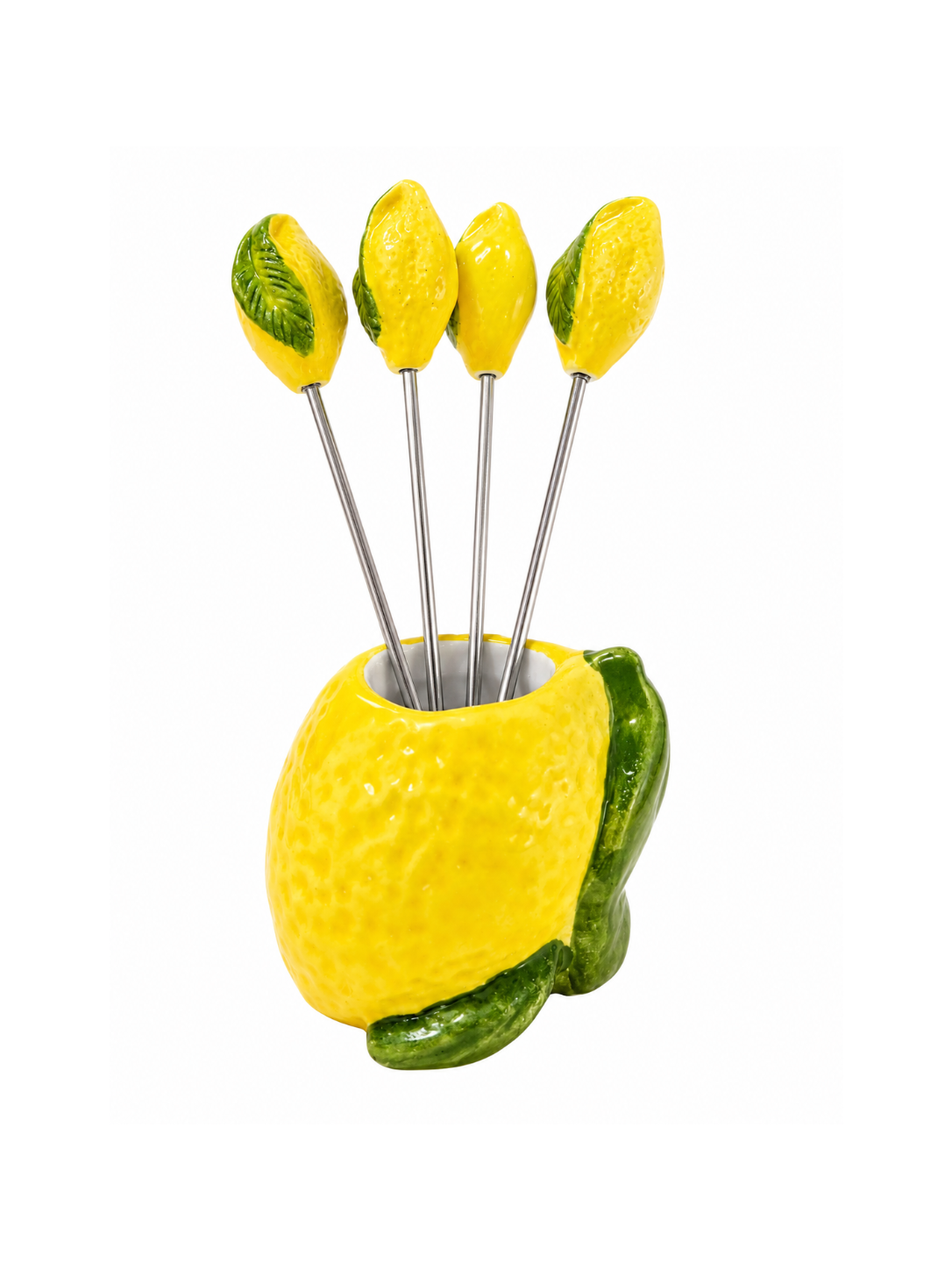 Lemon-shaped ceramic holder with four stainless-steel cocktail picks topped with ceramic lemons