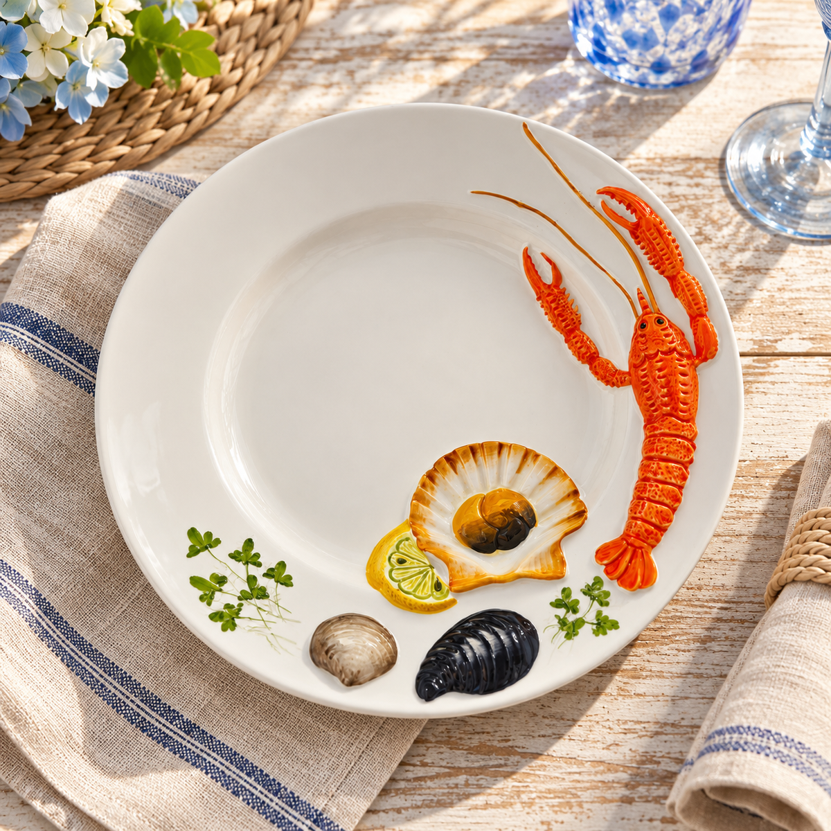 Lobster and shellfish ceramic plate styled on a bright coastal farmhouse table.