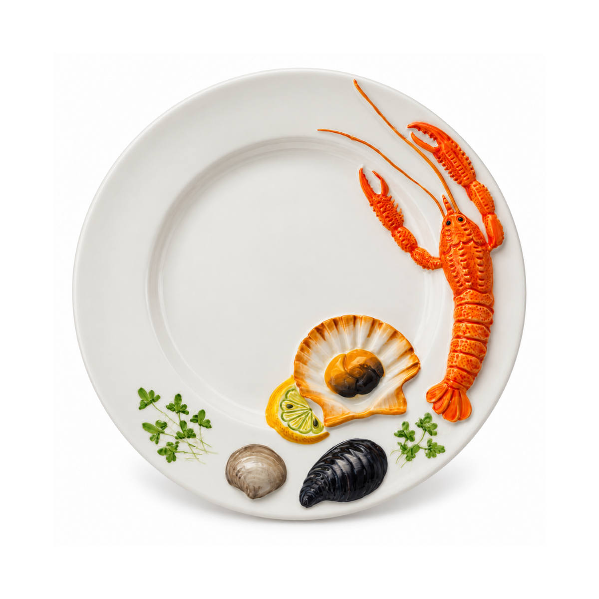 Round white Italian ceramic plate with raised orange lobster, shells, lemon and herbs.