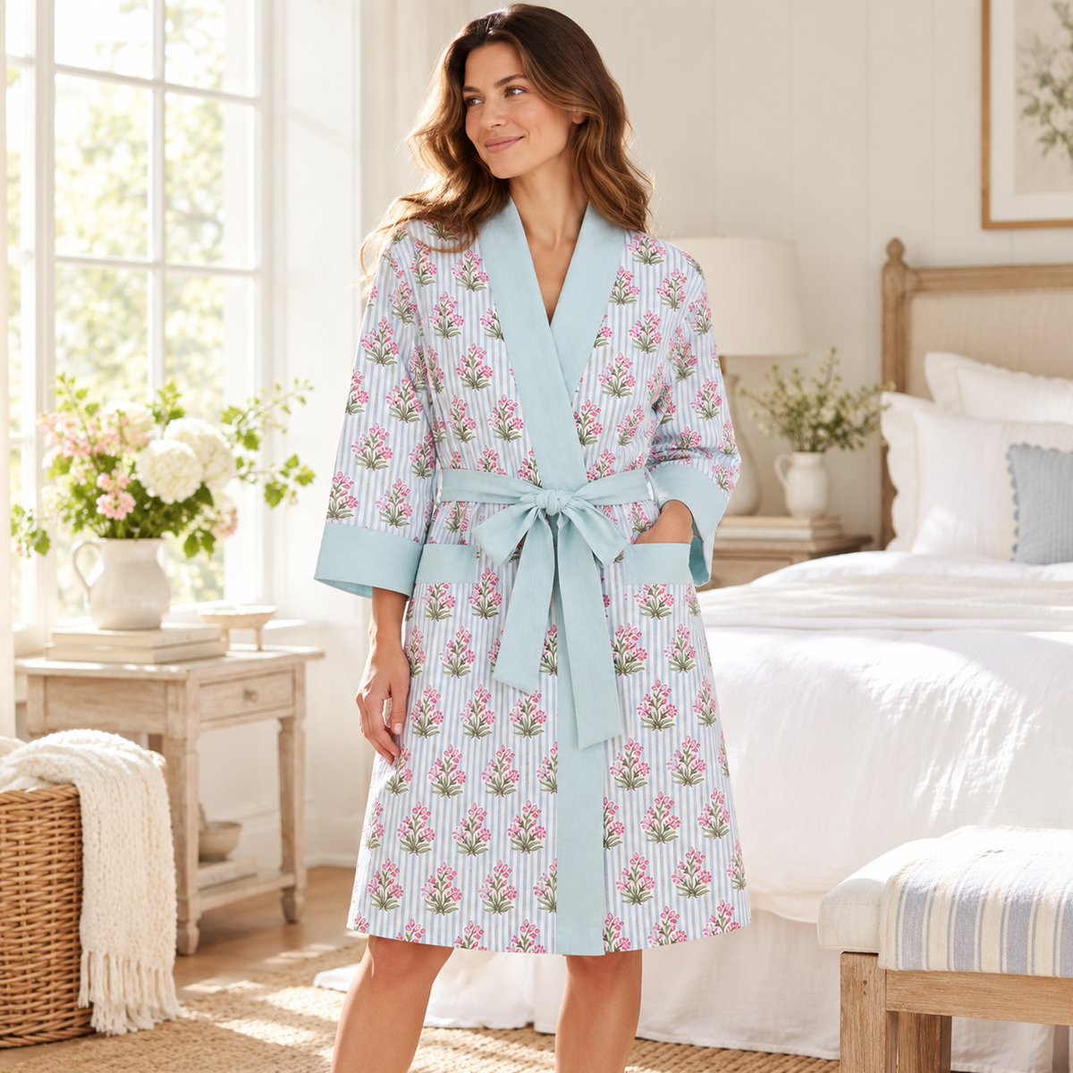 Woman wearing the Cornflower blue striped floral lounge robe in a sunlit farmhouse bedroom