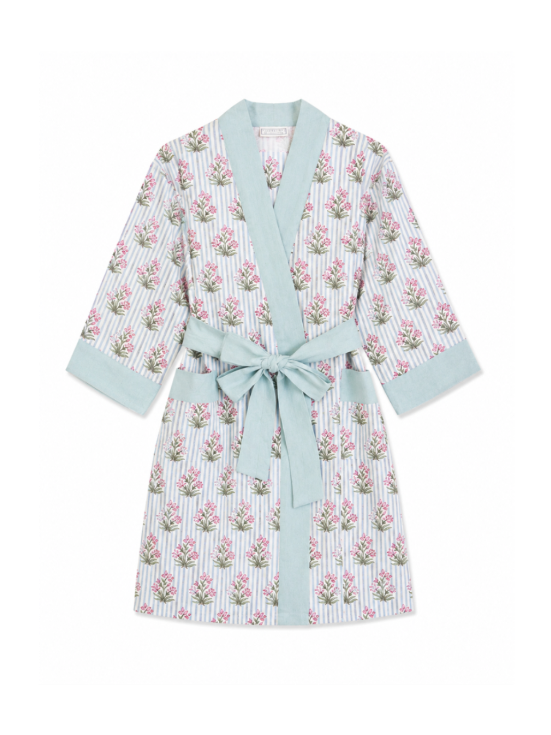Cornflower lounge robe with blue striped pink floral print and pale blue trim on white