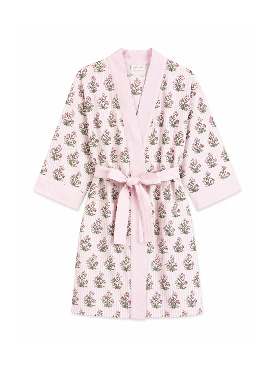 Peony lounge robe with pink striped floral print, blush collar, cuffs and tie on white
