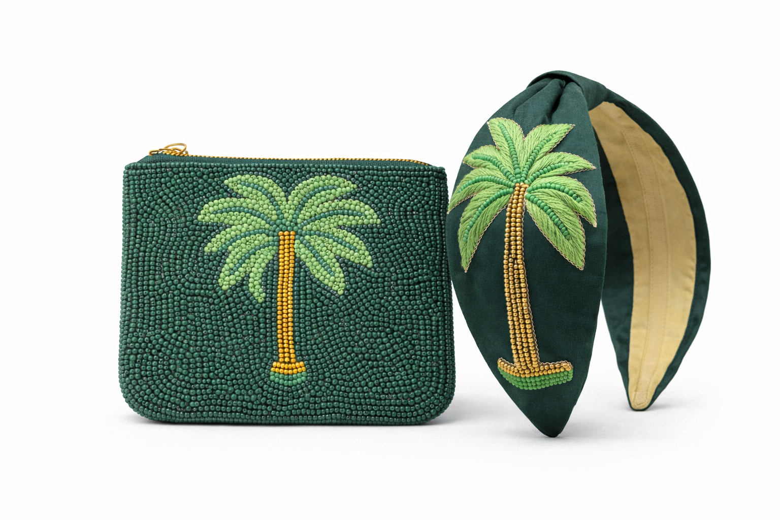 Green beaded pouch with palm tree design and matching embroidered headband on a white background