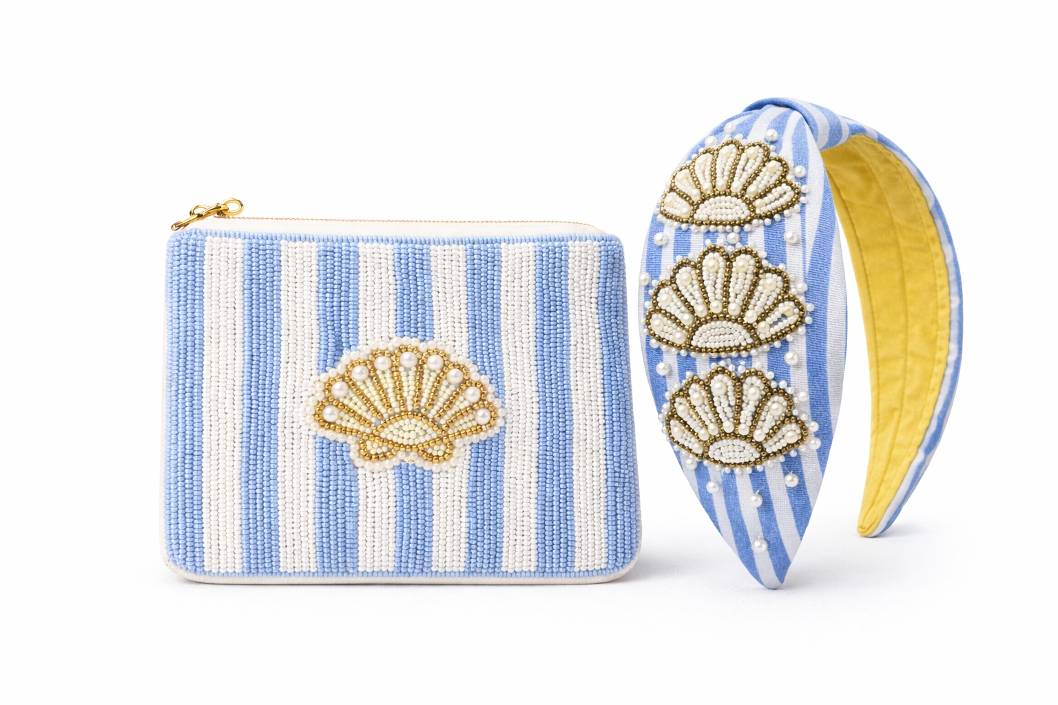 Blue and white striped pouch with shell designs and a matching headband on a white background
