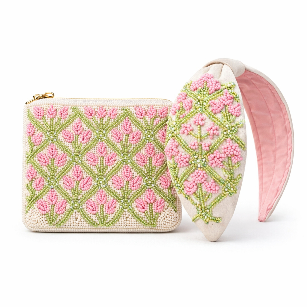 Matching set of headband and coin pouch in pink block print motif design