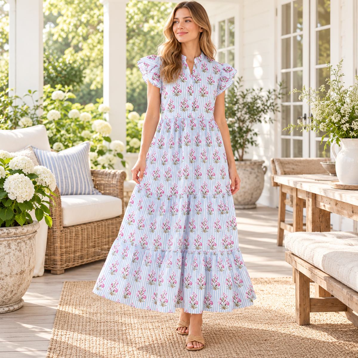 Woman wearing the Cornflower blue striped floral Meadow dress on a sunlit farmhouse veranda