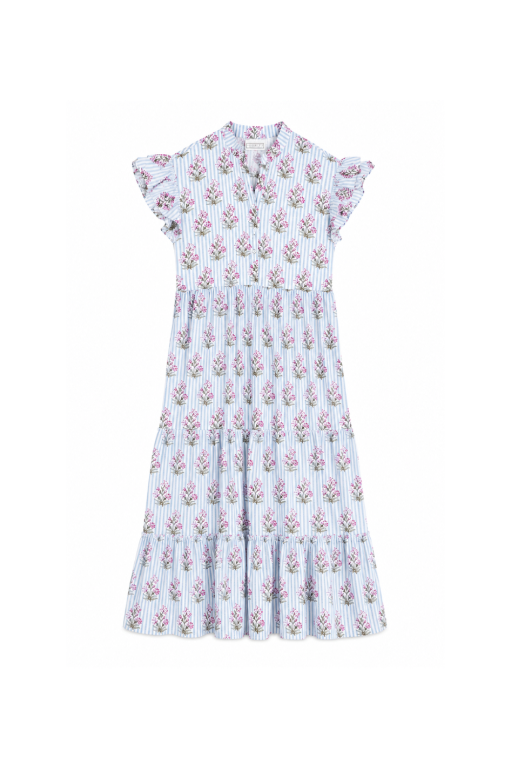 Cornflower Meadow dress with blue stripes, pink floral sprigs, ruffle sleeves and tiered skirt on white