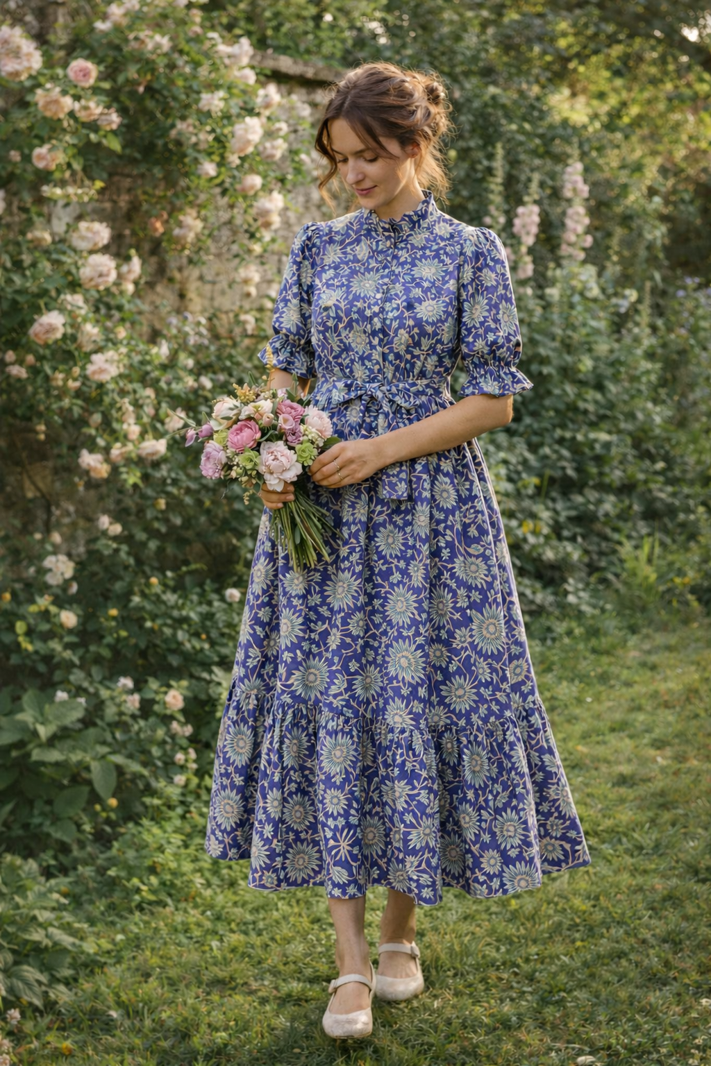 Cobalt blue cottagecore block print maxi dress styled for garden party, Cherry Pie Farmhouse Singapore