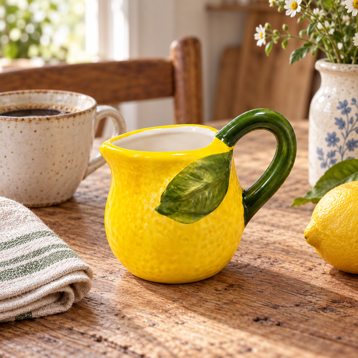Mini lemon ceramic milk jug styled beside coffee and linen on a farmhouse table