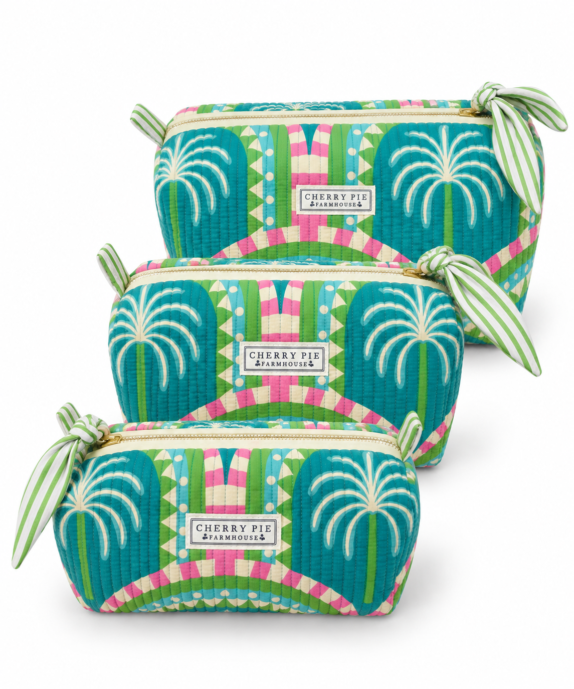 Palm Springs quilted cotton zipper pouches in Small, Medium and Large on a white background.
