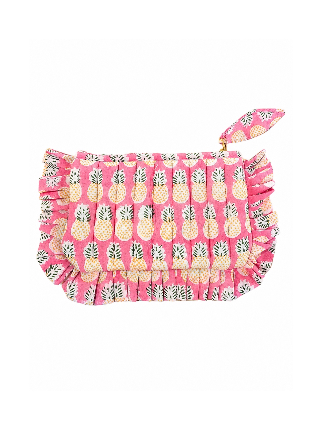Pink quilted cotton frill pouch with yellow pineapple print and gold zipper on a white background