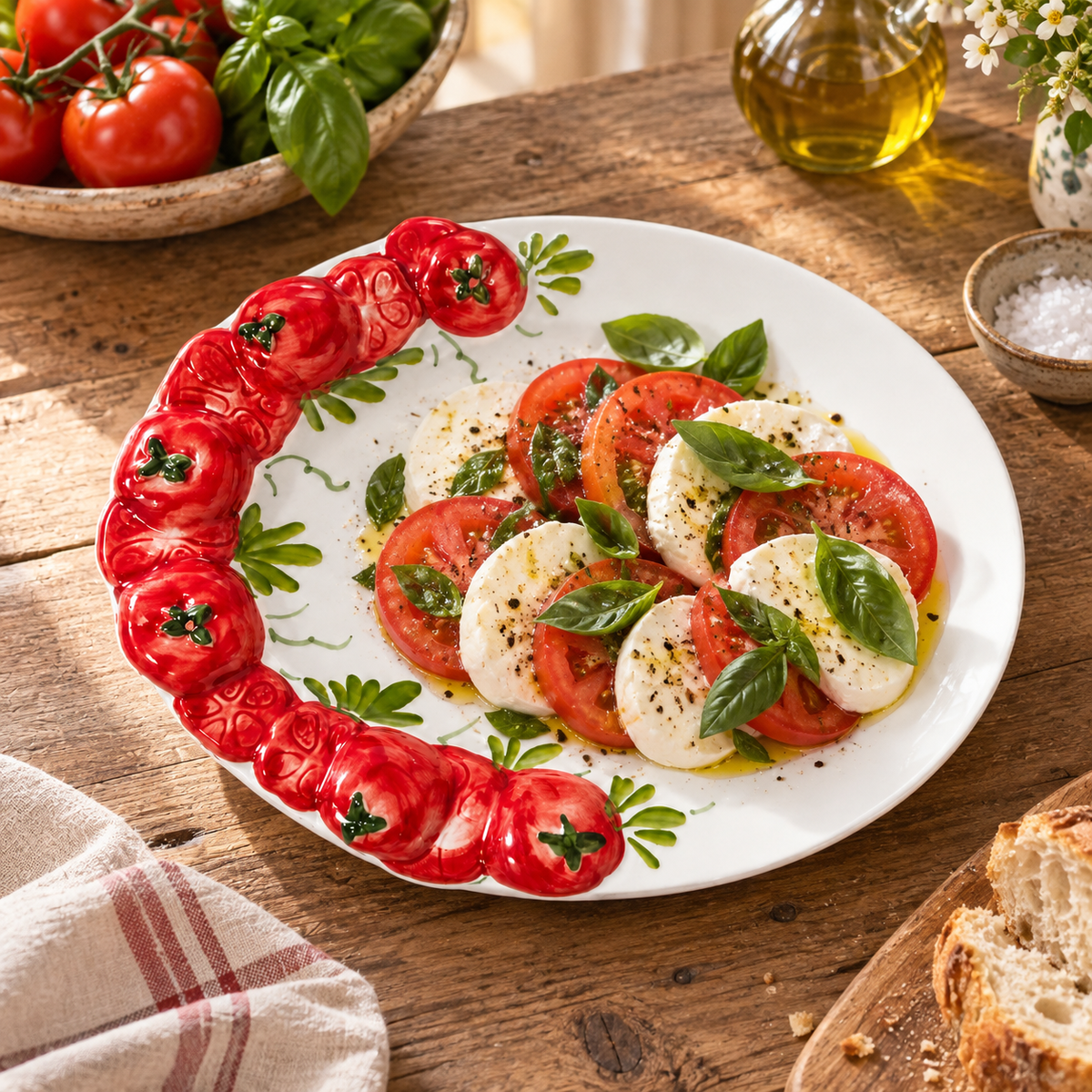 Pomodoro ceramic serving plate holding caprese salad on a rustic farmhouse table