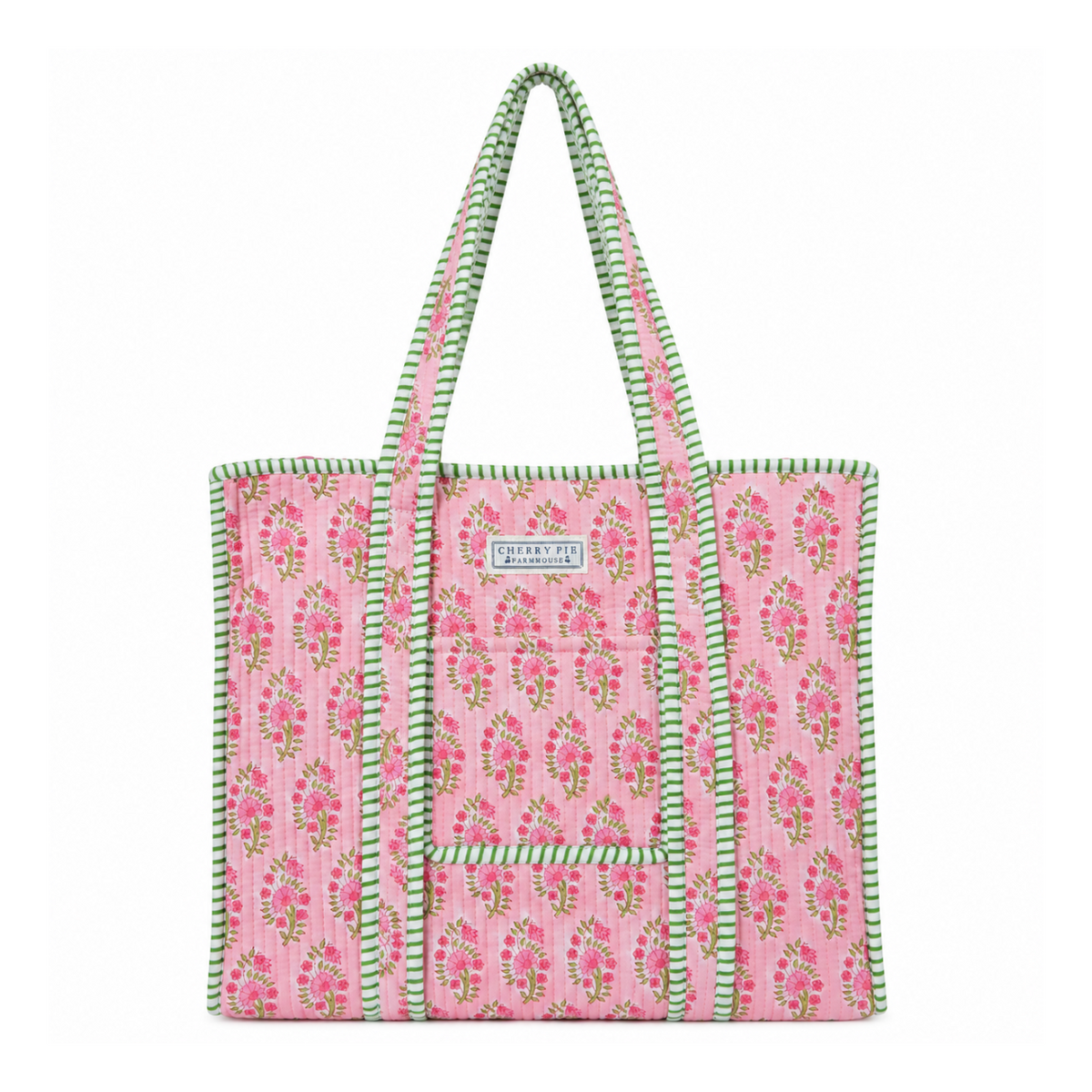 Pink floral quilted cotton tote with green striped trim, front pocket and zip-top closure on a white background
