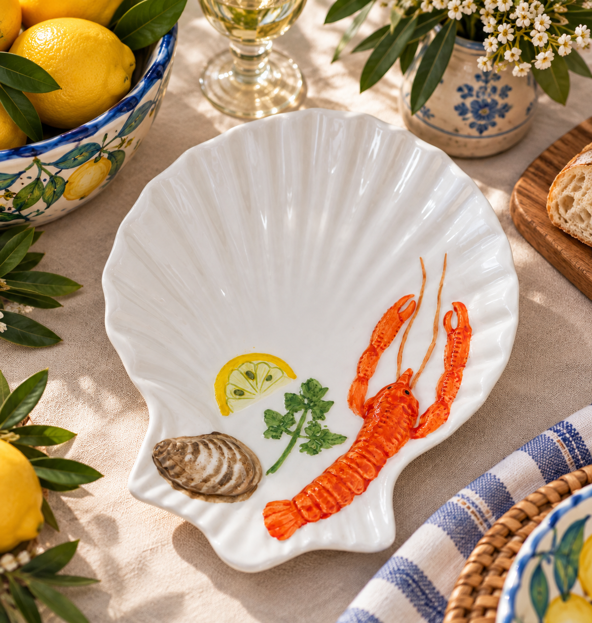 White scallop-shell ceramic plate with hand-painted lobster and lemon on a farmhouse table.