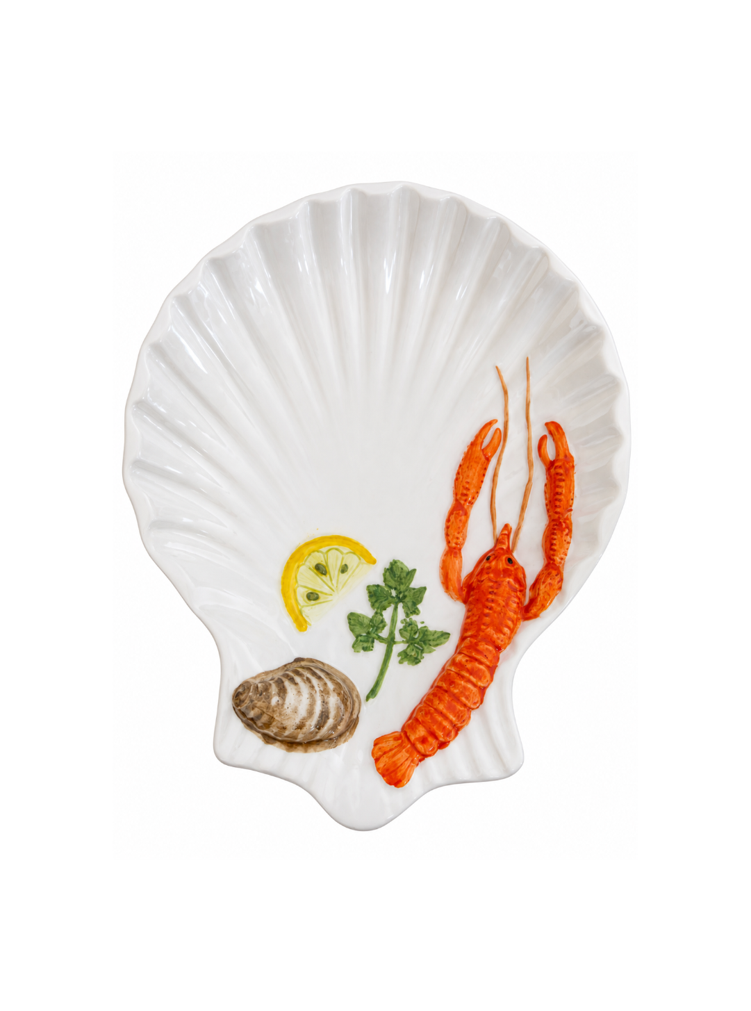 White scallop-shell ceramic plate with hand-painted red lobster, shell, lemon and herbs.