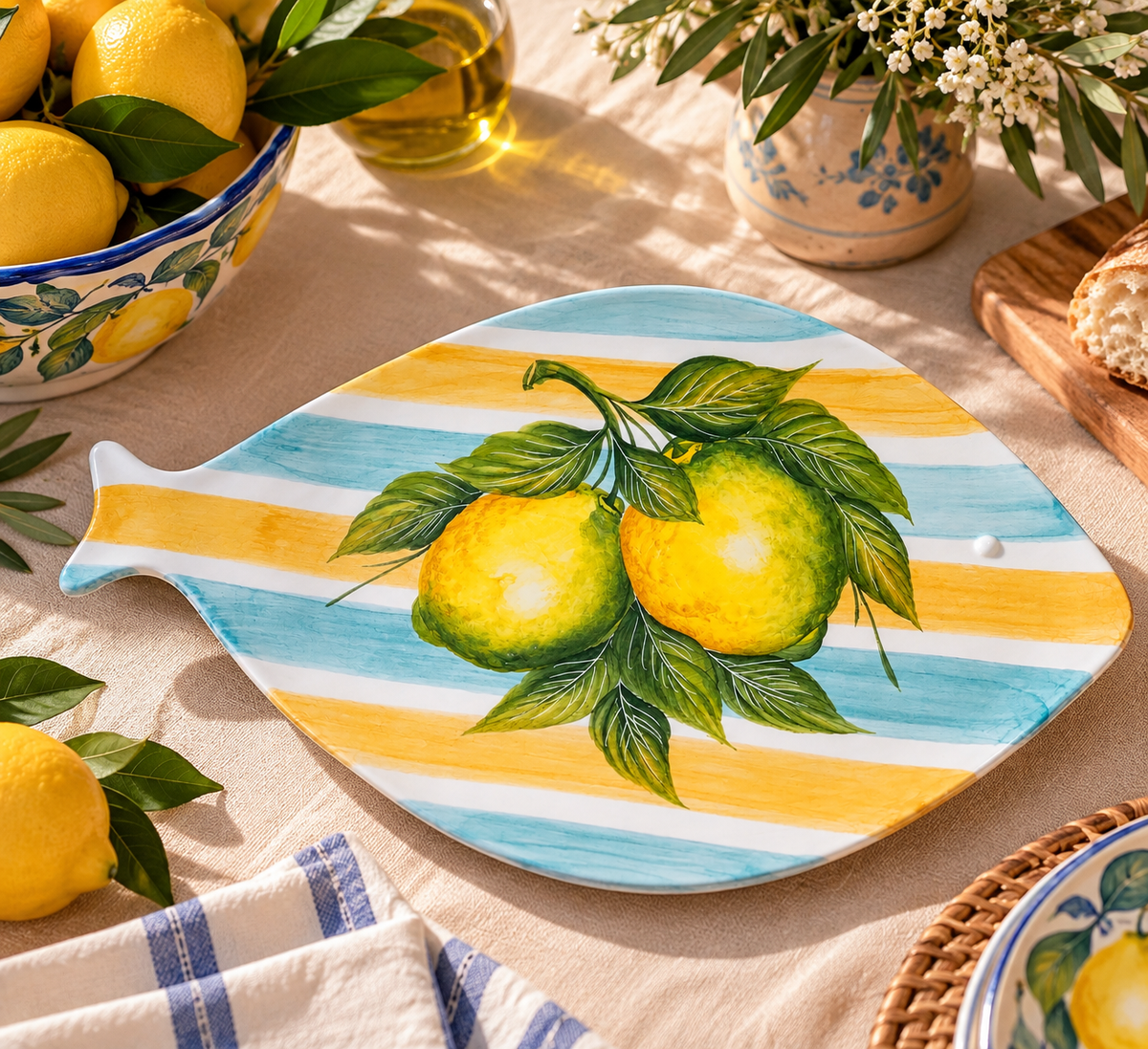 Fish-shaped Italian ceramic platter with lemons and blue and yellow stripes on a farmhouse table.