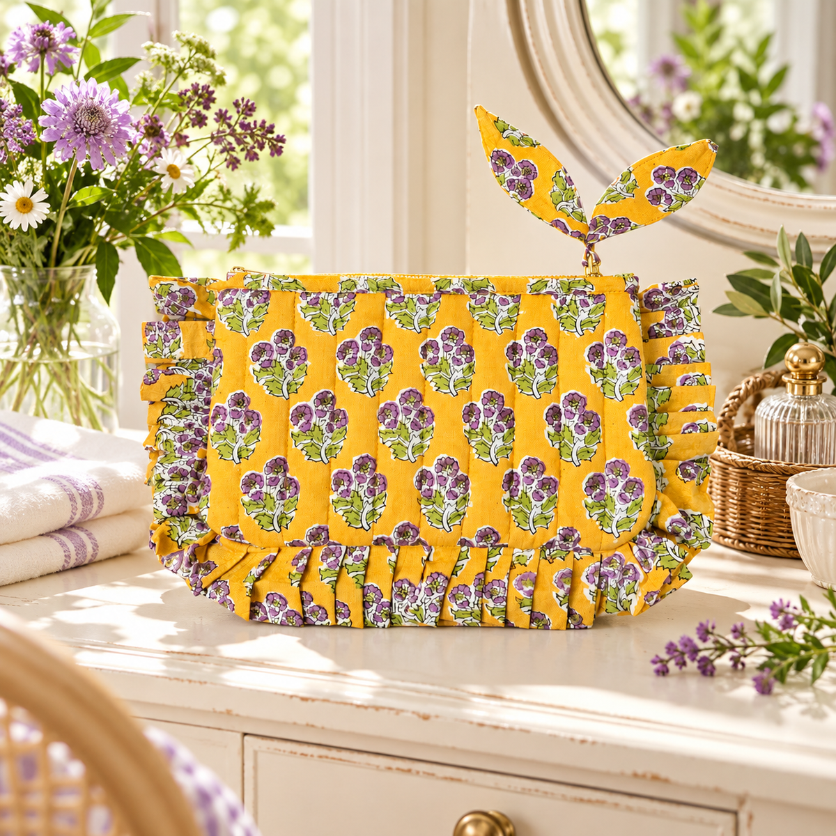 Yellow and purple floral frill pouch styled in a sunlit farmhouse vanity scene