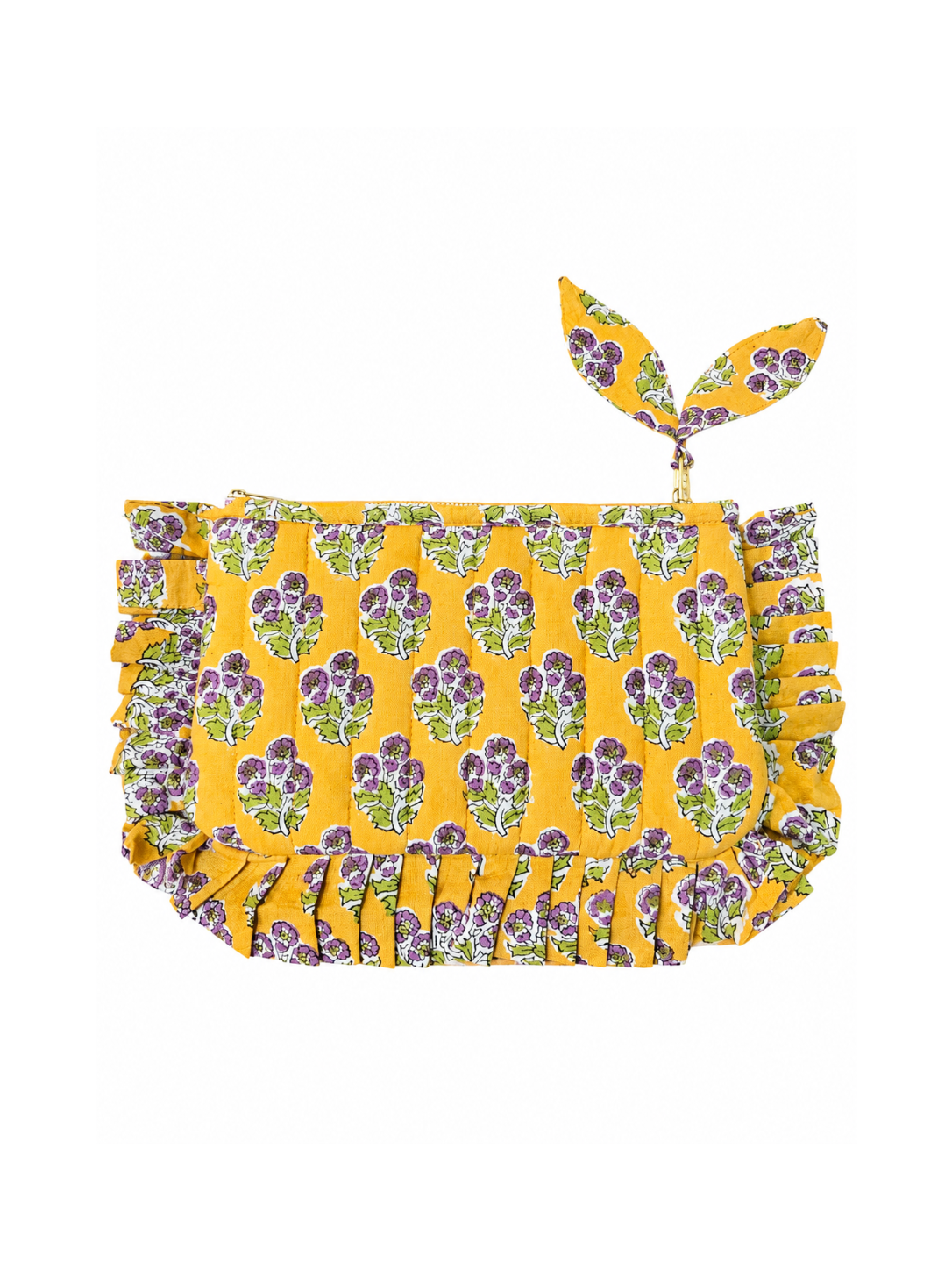 Yellow quilted cotton frill pouch with purple floral block print and gold zipper on a white background