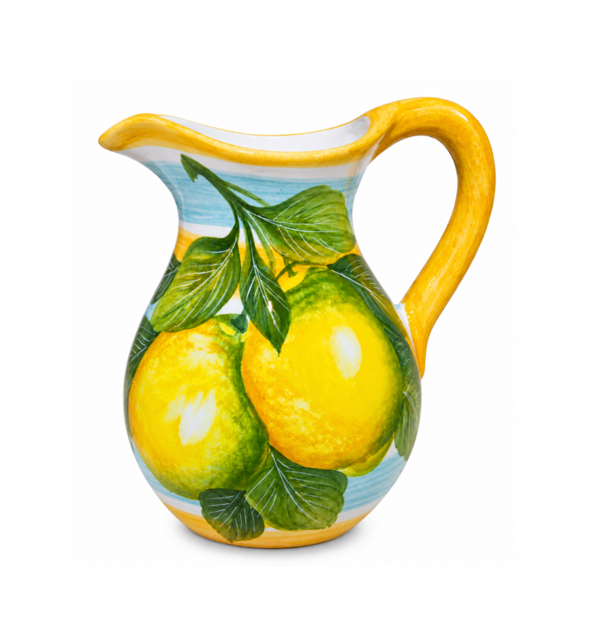 Italian ceramic jug hand-painted with yellow lemons, green leaves and a yellow handle.