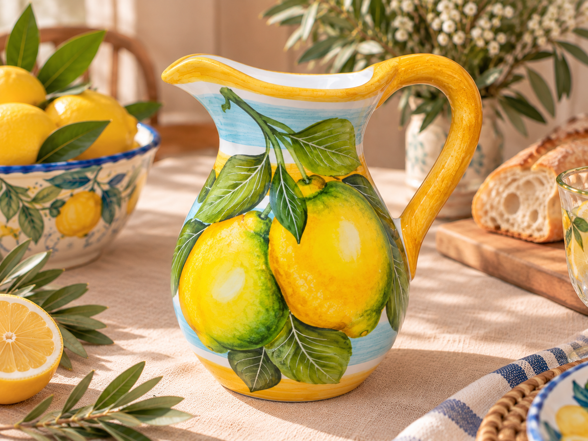 Hand-painted lemon ceramic jug styled with summer tableware on a farmhouse table.