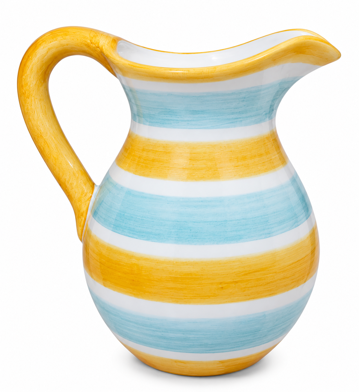Italian ceramic jug with yellow handle and blue, white and yellow striped back.