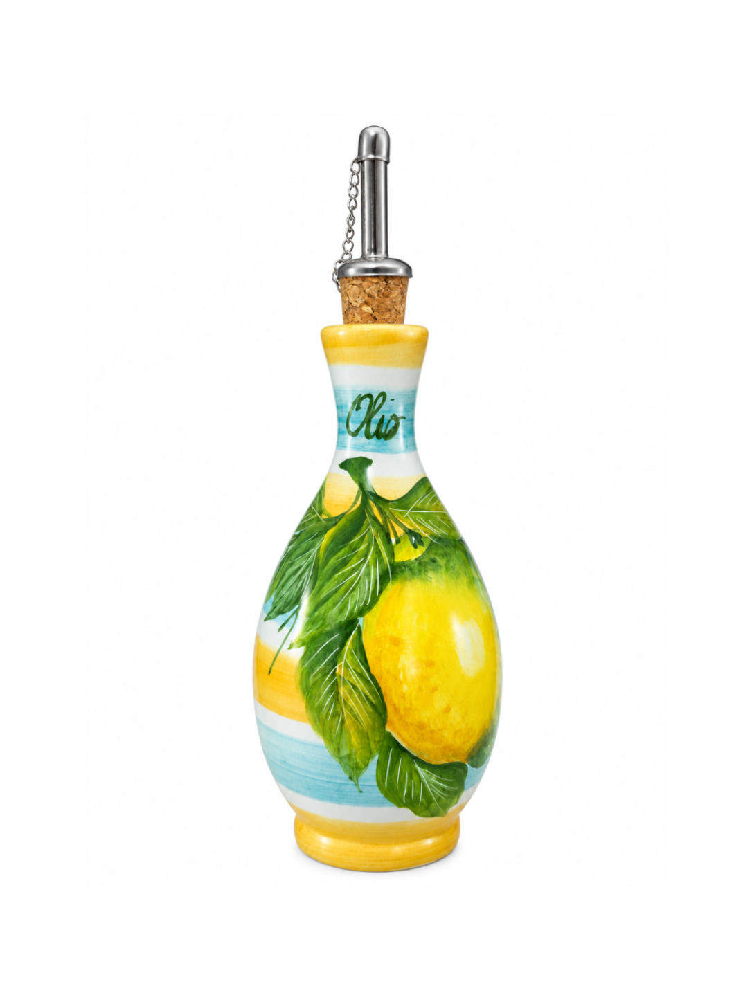 Italian ceramic olive oil bottle with metal pourer, lemon motif and blue and yellow stripes.