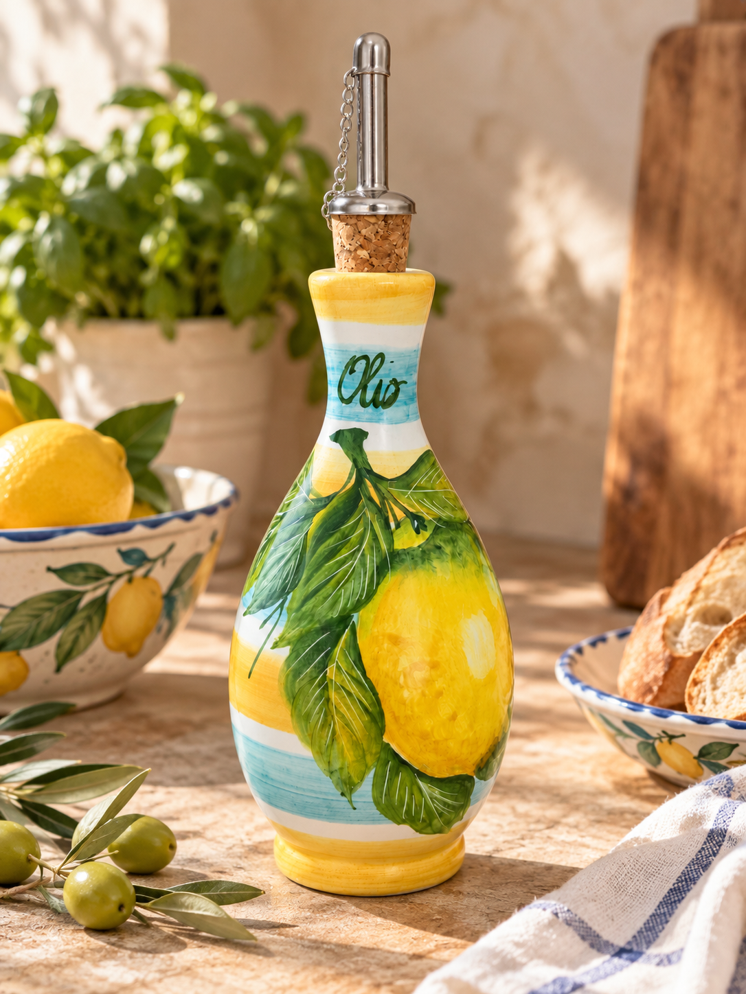 Hand-painted lemon ceramic olive oil bottle with pourer on a sunlit farmhouse table.