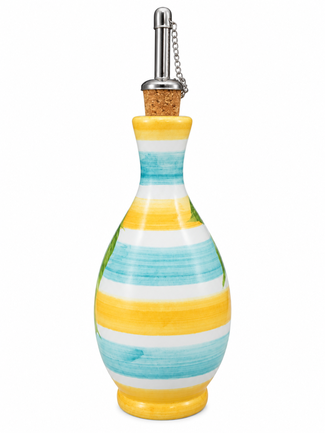 Italian ceramic olive oil bottle with pourer and blue, white and yellow striped back.