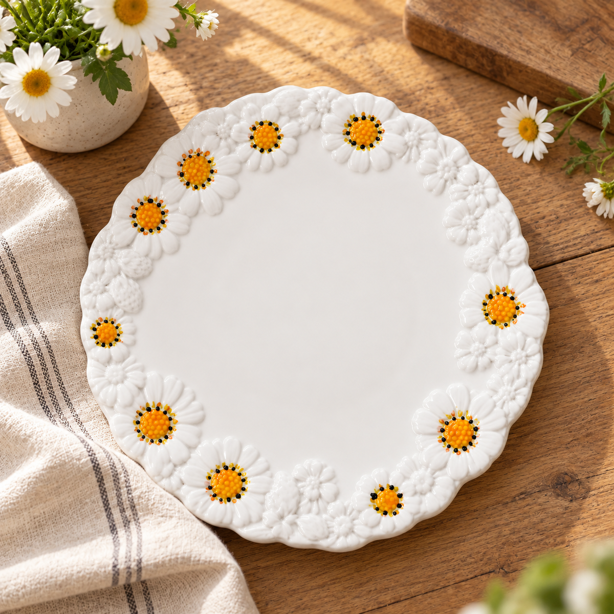 White daisy ceramic plate styled with fresh daisies on a warm farmhouse table