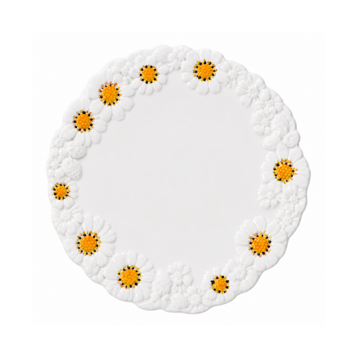 White hand-painted Italian ceramic plate with raised daisies and yellow-orange flower centres