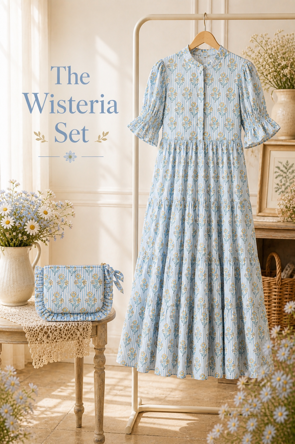 Wisteria Regency Dress styled with matching Wisteria Frill Pouch, Cherry Pie Farmhouse Singapore