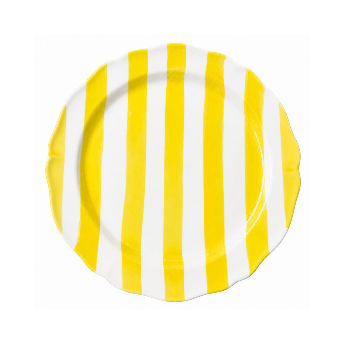 Yellow and white hand-painted Italian ceramic plate with a softly scalloped rim on a white background
